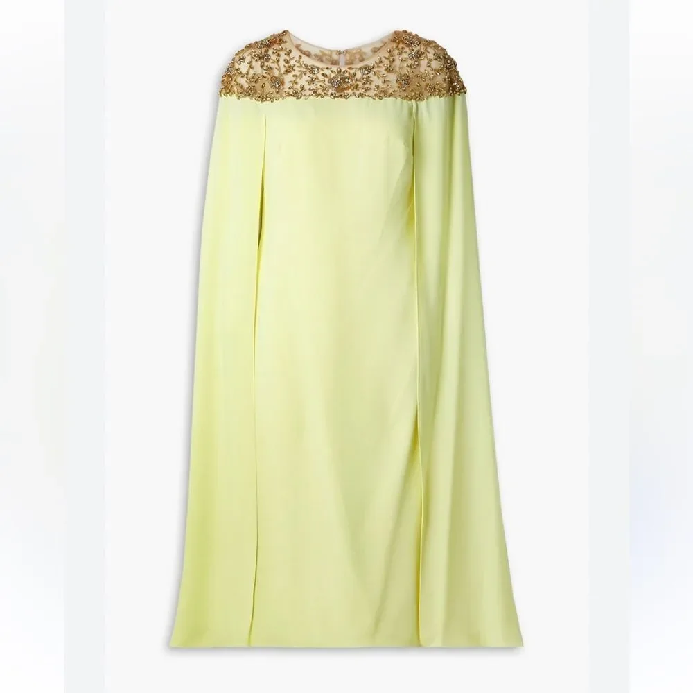 Marchesa Notte Yellow cape dress midi Gold Embellishments tulle evening $1700 4